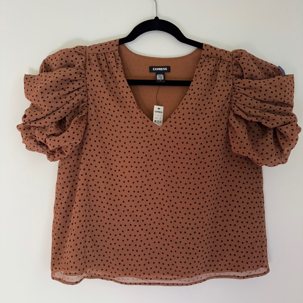Express Brown Puff Sleeve Polka Dot V Neck Blouse Size Small - Picture 3 of 9